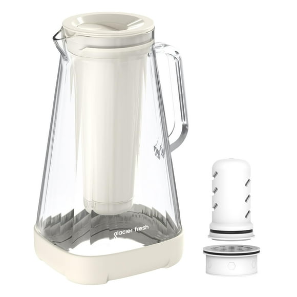 GLACIER FRESH Jarra de agua de vidrio para grifo y agua potable con membrana y filtro activado, reduce el sabor a cloro y plomo, materiales de grado alimenticio y sin BPA, 10 tazas, color blanco