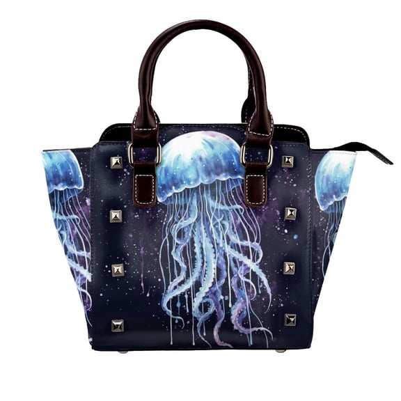 Watercolor Jellyfish Black Background Rivet Fashion One-Shoulder Women's Handbag Tote Bag