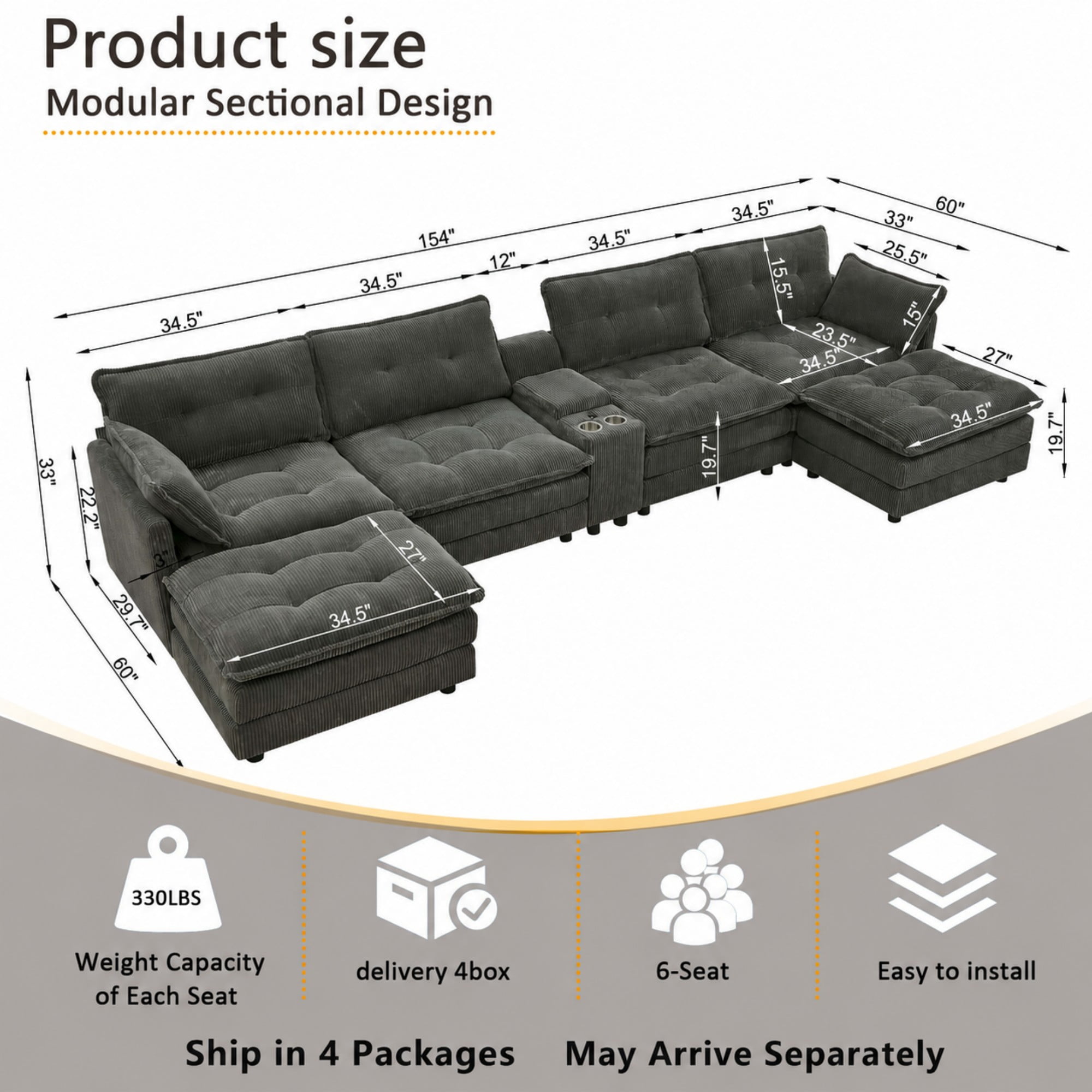 BSHTI 154" 6-Seat Corduroy U-Shaped Sectional Sofa with Multifunctional Console, USB Charging Ports, Cup Holder, Storage for Living Room (Gray)