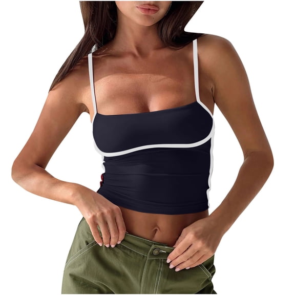 JGGSPWM Women's Contrast Spaghetti Strap Tank Tops Y2K Style Sleeveless Cropped Camisoles Black XL