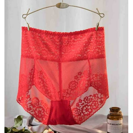 

Promotion! Womens Sexy Lace Underwear Cotton Crotch Panties High Waisted Floral Lace Brief Tulle Underpants Red XXL