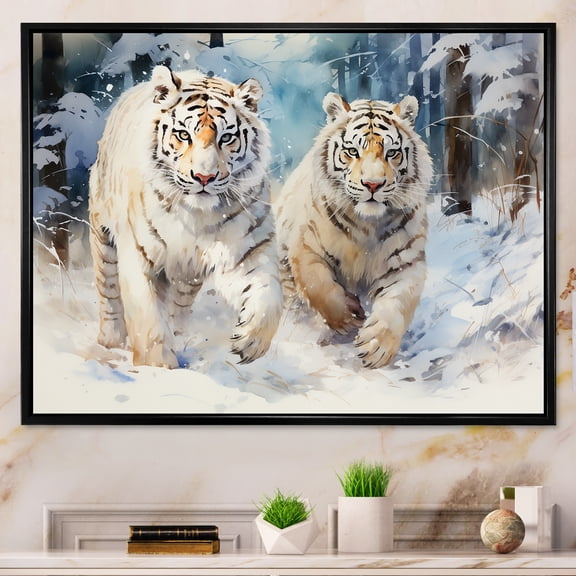 Designart "Playful White Tigers in the Snow IV" Animals Framed Wall Art - Modern Farmhouse White Tiger Hallway Framed Wall Art Decor