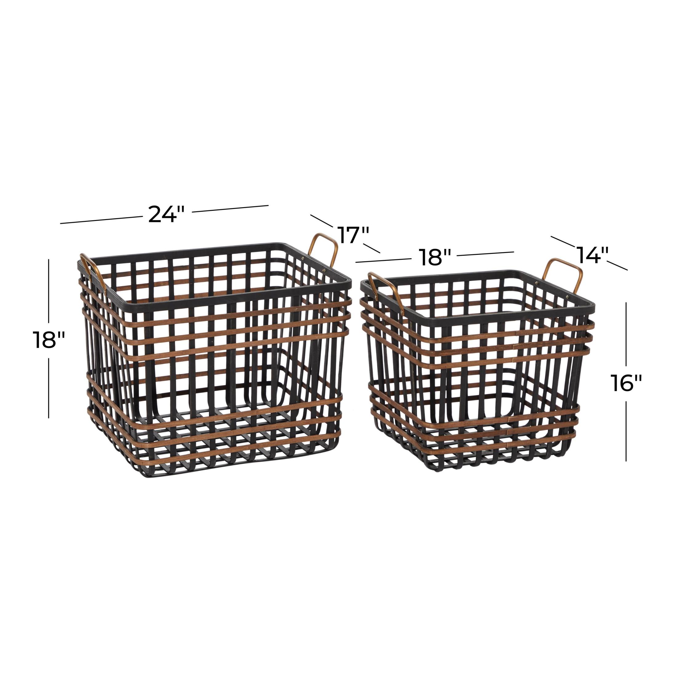 DecMode 14", 24"W Black Bamboo Wood Open Frame Square Storage Basket with Brown Accents, 2-Pieces