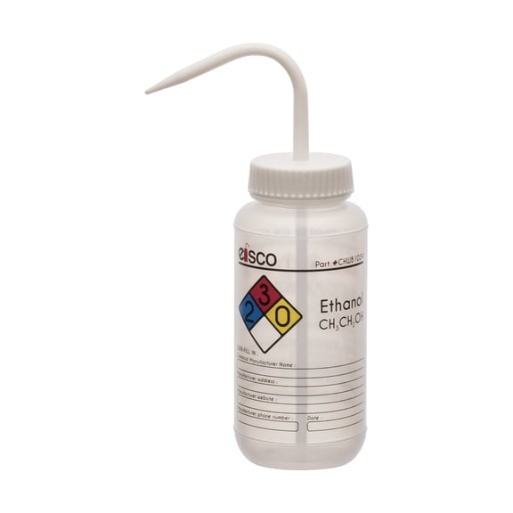 Wash Bottle for Ethanol, 500ml - Labeled with Color Coded Chemical & Safety Information (4 Colors) - Wide Mouth, Self Venting, Low Density Polyethylene - Eisco Labs