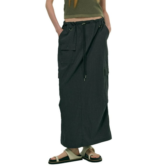 Michellecmm  Ladies Skirt Waist Drawstring Multi Pocket Solid Long Cargo Skirt