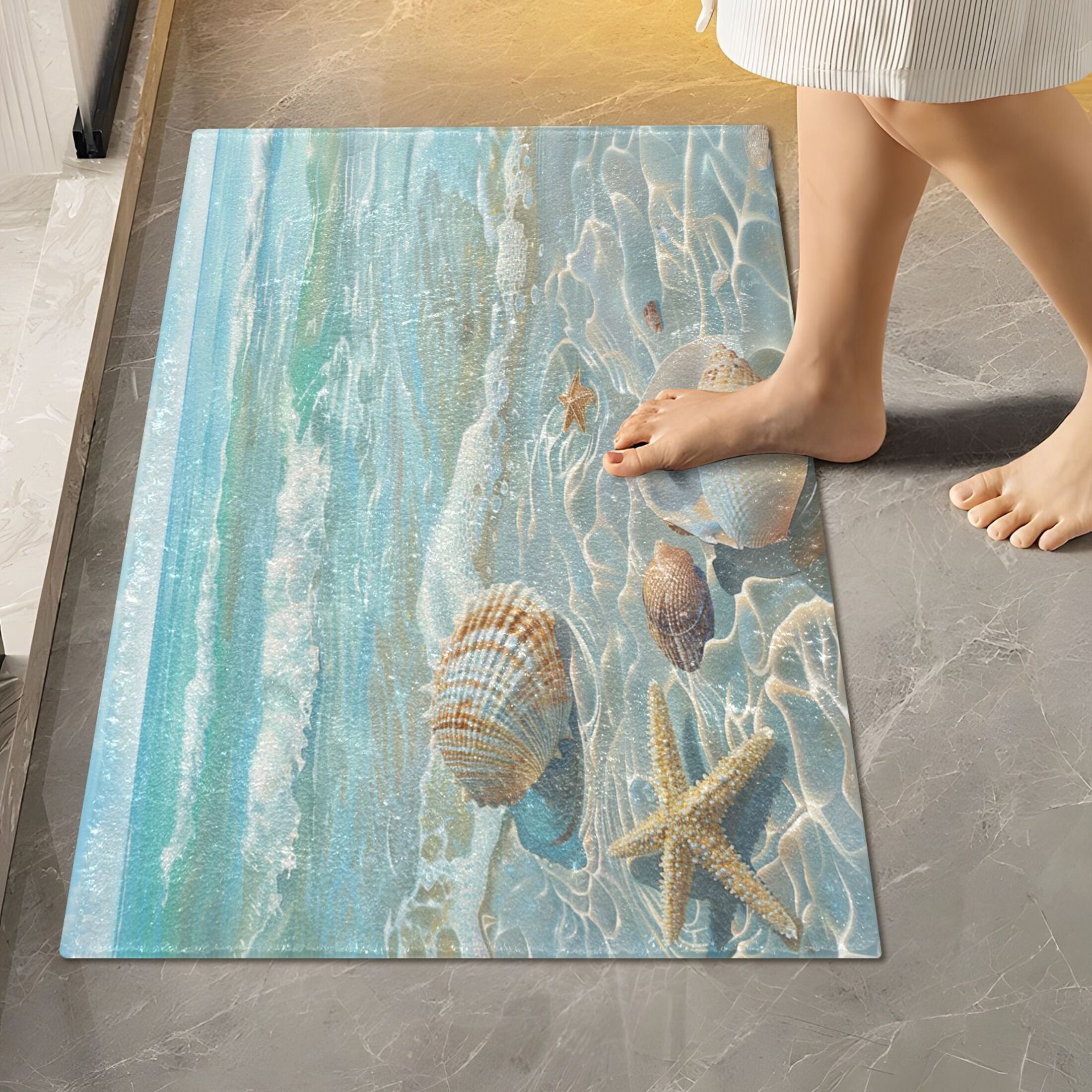 Toilet Rug Set Non-Slip Bathroom Rugs Soft Plush Machine Washable Contour Bath Mat Seashells Sea Stars Beach 24x20/24x16