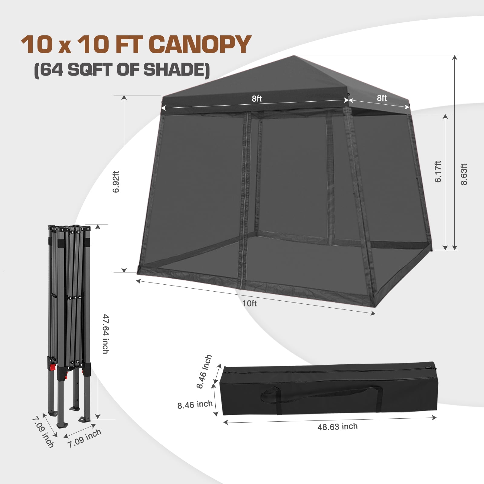 EAGLE PEAK 10x10ft Slant Leg Easy Setup Pop Up Canopy Tent with Mosquito Netting 64 sqft of Shade, Gray