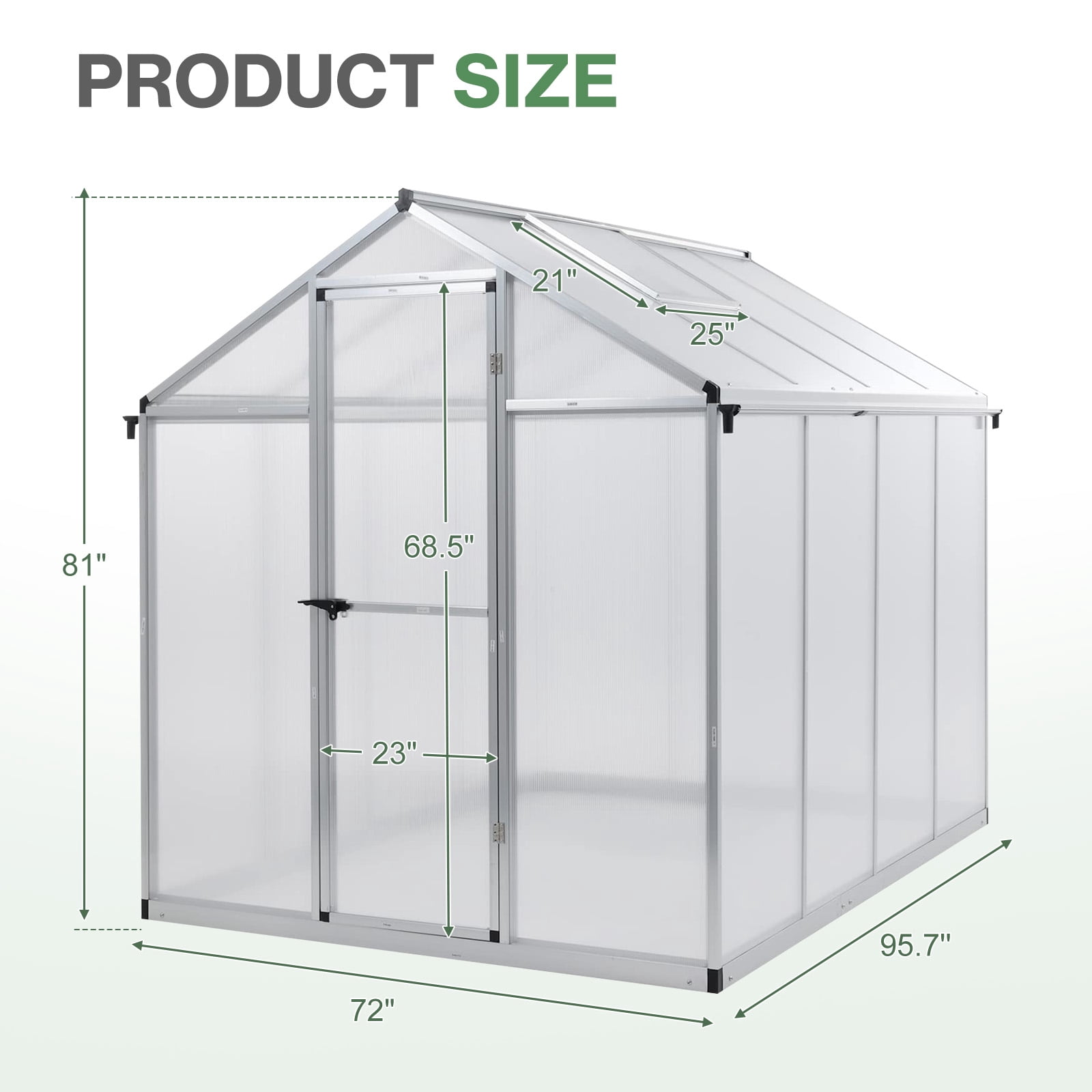 Aoodor 6' x 8' Outdoor Greenhouse, Walk-in Polycarbonate Greenhouse with Aluminum Frame for Outside Backyard, Silver