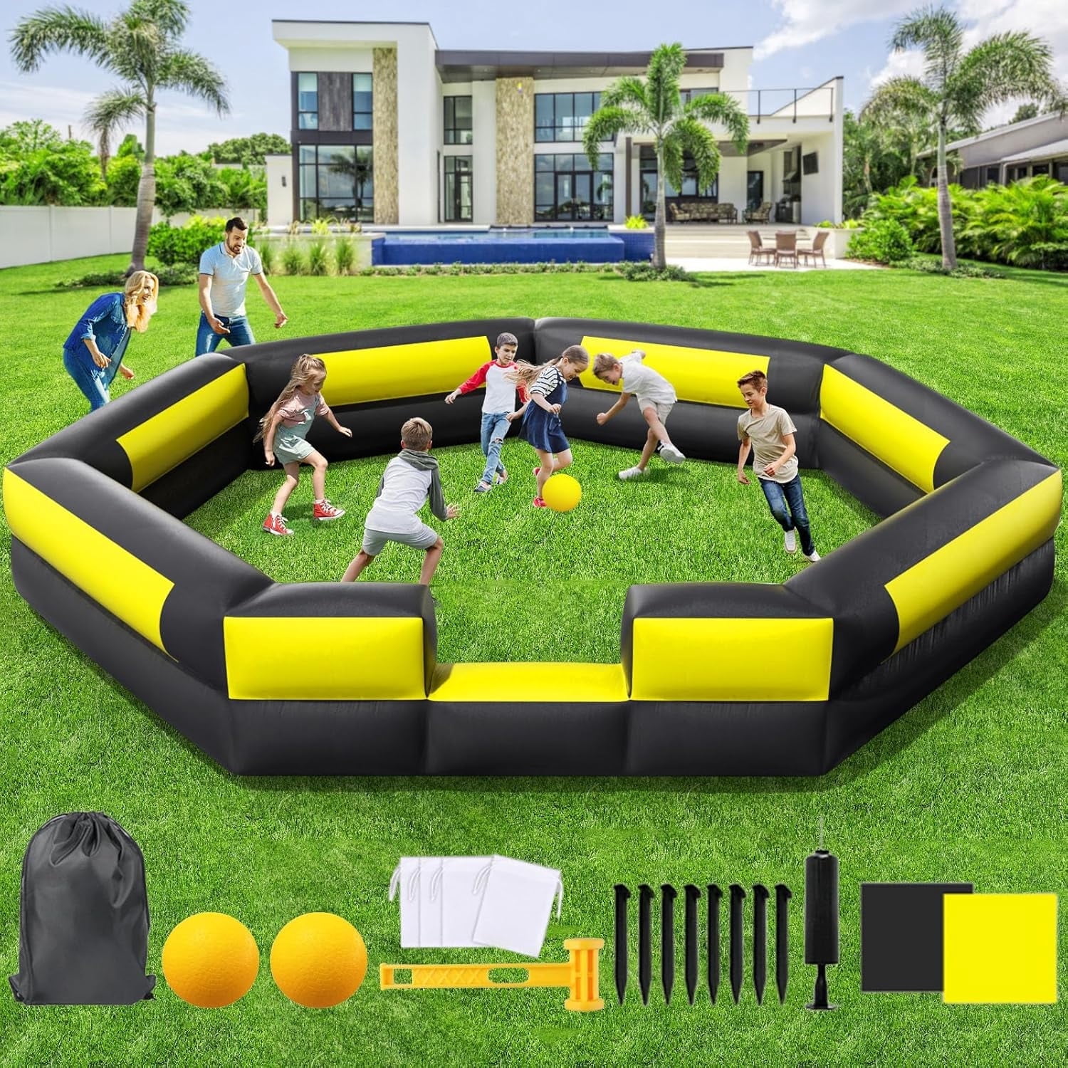 Inflatable Gaga Ball Pit Kit 20ft, Portable Gaga Ball Pit for Indoor Outdoor Game, Backyard, Park, School, Camp, Home | Gaga Pit with Built-in Blower, Gaga Ball, Carry Bag, Sandbags, Patches etc