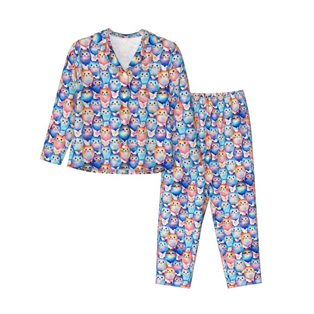 Balery Cartoon colorful cute cat Conjunto de Pijama con Estampado para Mujer, Conjunto de Dos Piezas con Manga Larga, Ropa de Dormir Suave con Bolsillos, Pijamas Cómodos-Large