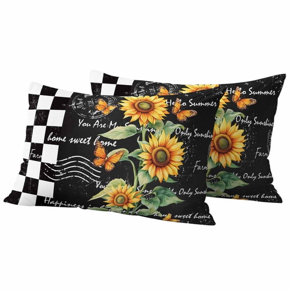 Summer Sunflower Pillow Covers 2 Pack Watercolor Floral Black And White Check Pillowcase Waterproof Outdoor Throw Pillow Cover for Patio Balcony Rectangular Cushion 20”x12”