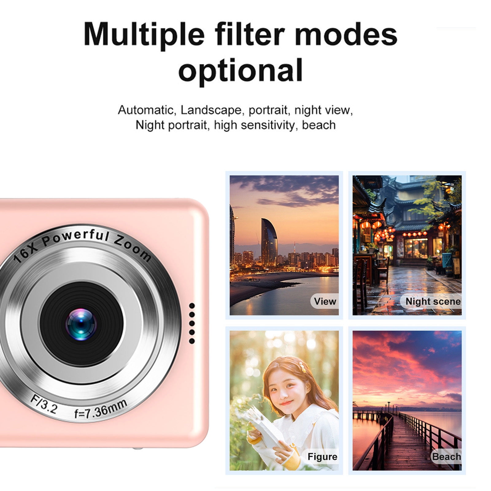 Digital Camera 1080p HD, Up To 48MP Interpolation, Electronic Stabilization, 16x Digital Zoom, 2.4‑Inch LCD, Night Flash, Face Detect, MicroSD Up To 64GB, Rechargeable, Compact Student Portable