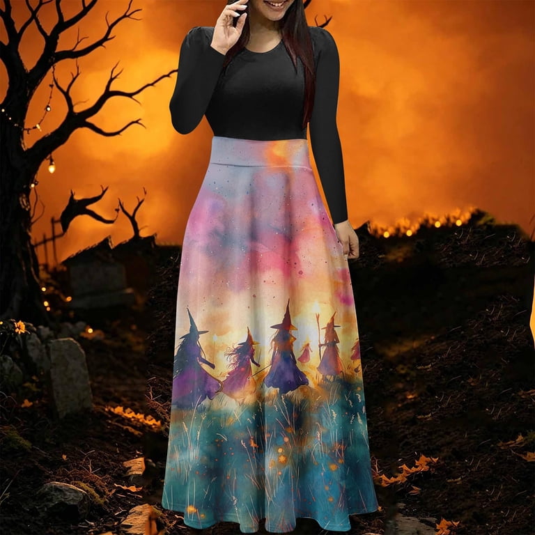 funny holiday dresses LEKWK Halloween for Women Graphic Print Long Sleeve Maxi Dress Crewneck Vintage Party Cosplay Medieval Dress Collection_Men's Shirts & T-Shirts