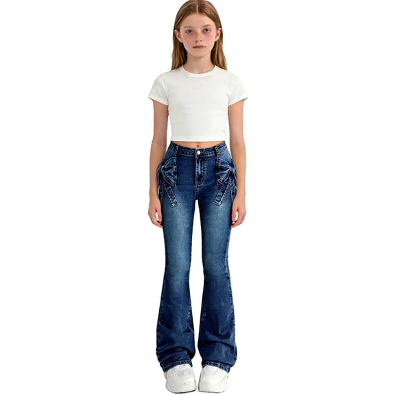 Teen Girls Slim Fit Flare Jeans Denim Elastic Waist Ruffle Trim Fashion Bell Bottoms for Party School Casual Outfits, 6Y-13Y