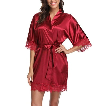 Women´s Silk Satin Robe Bride Bridesmaid Dress Wedding Kimono Bathrobe Sleepwear Silk Dress Pajamas Lace Stitching Sexy Half Sleeve Pajamas Nightdress Lingerie Red L