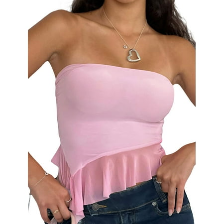 

Douhoow Women Ruffle Tube Top Off Shoulder Bustier Crop Top Strapless Slim Fit Tanks