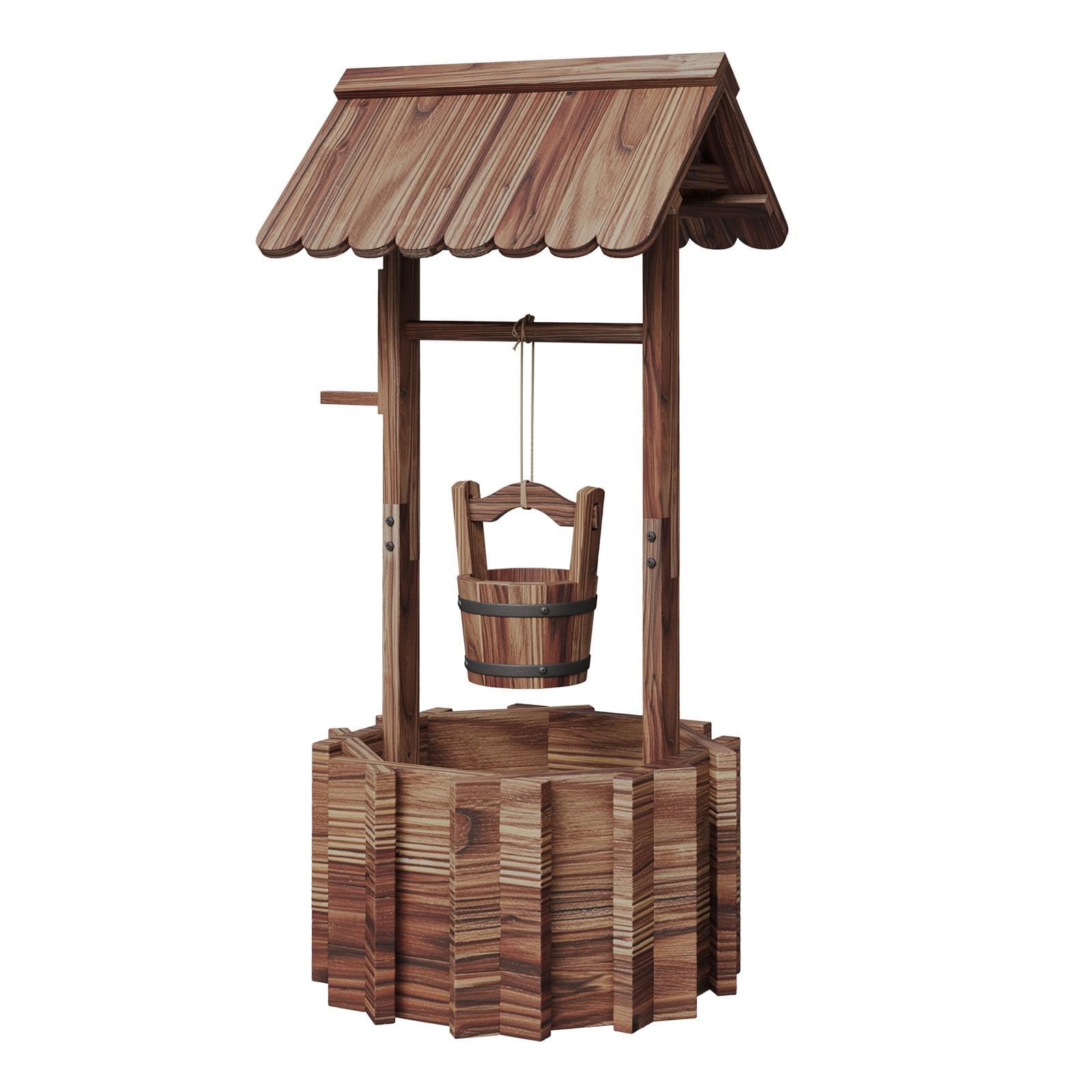 BaPiPro Wood Wishing Well Planter with Hanging Bucket for Flower and Plants, Brown, 22 In