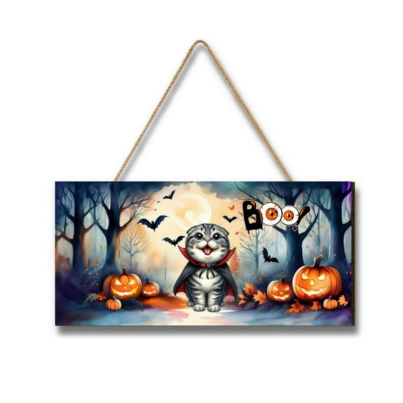 Happy Halloween Vampire Scottish Fold BOO with Pumpkins Fun and Spooky Landscape Wood Sign Cat Lover Kitten Owner Gifts Hanging Wall Home Decor - 00018