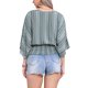 thumbnail image 3 of INSPIRAR CHIC Tops para el verano de mujeres, blusa de gasa con estampado de cuello en V, blusas de manga murciélago con fruncido, L Gris Claro Verde, 3 of 6
