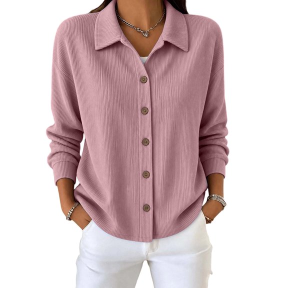 QIYAGBSA Long Sleeve Shirts for Women Button Down Soft Corduroy Collared Solid Color Casual Fall Winter Layering Tops (Pink, 3XL)