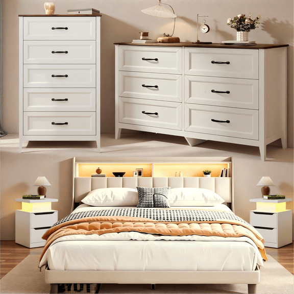 Lofka Bedroom Furniture Set – Queen Bed Frame, 2 Nightstands with Charging & RGB Lights, 5-Drawer Dresser & 6-Drawer Dresser for Large Bedrooms