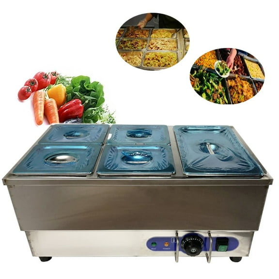 INTBUYING Food Warmer Commercial Buffet Food Soup Warmer Countertop Steam Table 4 Small Pan and 1 Large Pan Stainless Steel