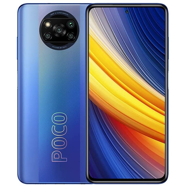 xiaomi poco x3 pro 128 gb ram 6 gb azul cámara cuádruple desbloqueado dual sim Vista frontal y posterior del Xiaomi Poco X3 Pro azul; pantalla de 6.67 pulgadas con orificio central para cámara frontal y trasera con módulo circular que aloja cuatro lentes (48MP, 8MP, 2MP, 2MP) y logo POCO en vertical. Lector de huellas lateral y botones visibles; ideal para búsquedas de smartphone desbloqueado con Snapdragon 860 y a menudo usado como equipo secundario en viajes por su batería de 5160 mAh.