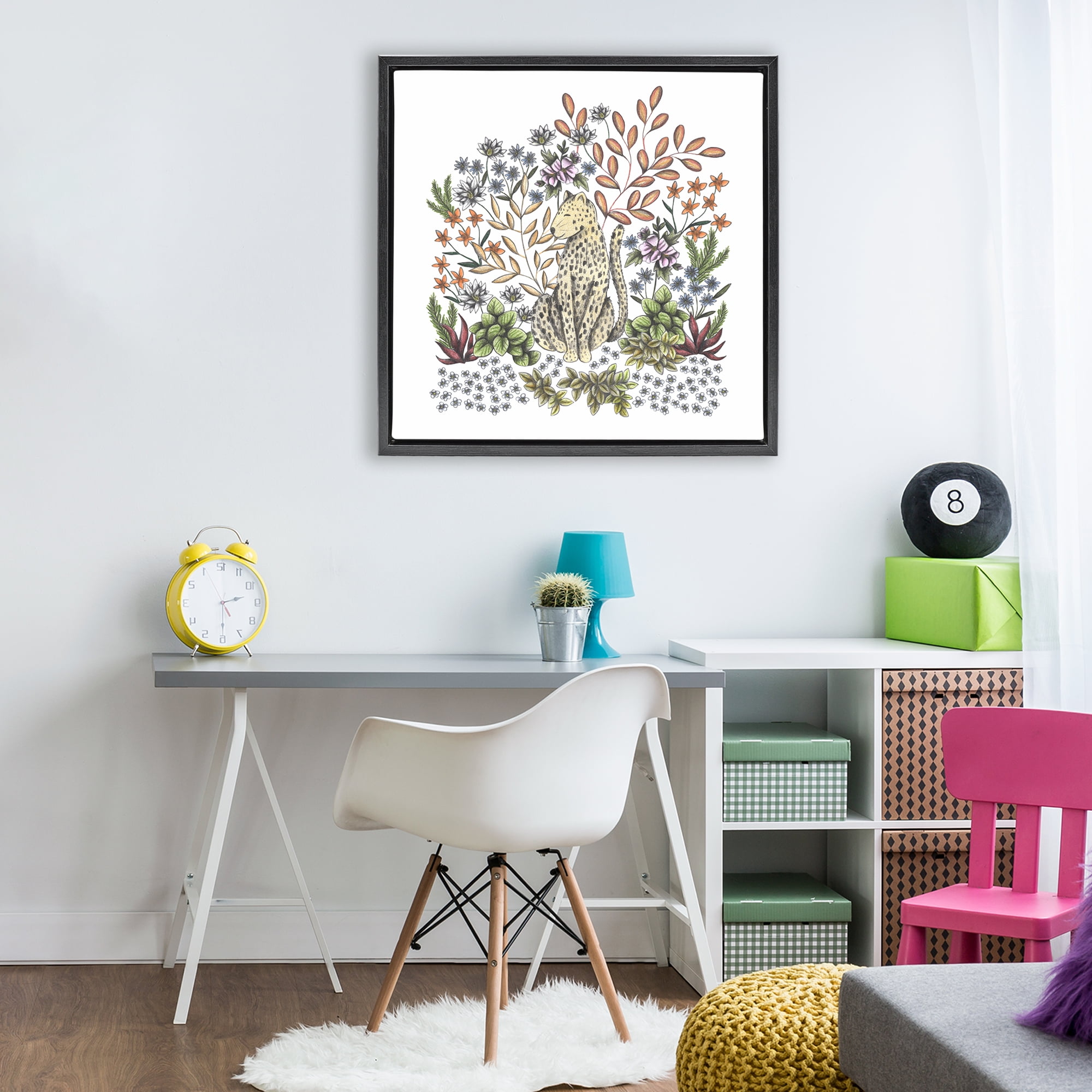 Jungle Wildlife Leopard Black Framed Floater Canvas Wall Art, design by Cecilia Battaini