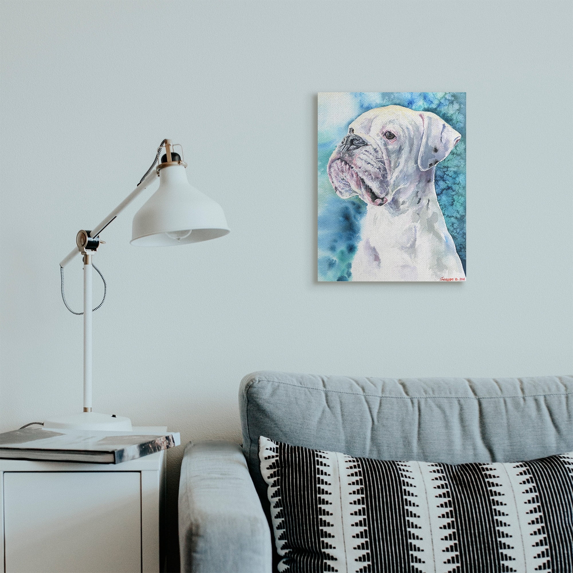 Stupell Industries White Boxer Gaze Pet Dog over Blue Canvas Wall Art, 16 x 20, Design by George Dyachenko