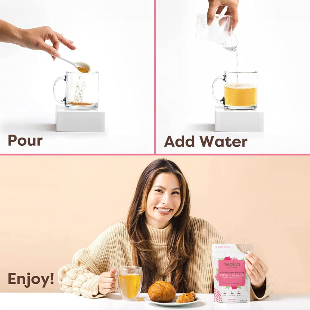 Waka Instant Tea Mix, 2 Bag Bundle - 100% Tea Leaves, No Additives, Unsweetened Tea Powders - Pineapple Flavored & Pomegranate Flavored Green (4.5oz Each)