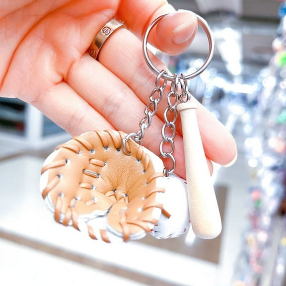 2cm baseball keychain three piece pendant gift, baseball three in one fashionable car pendant souvenir - style：White Khaki；