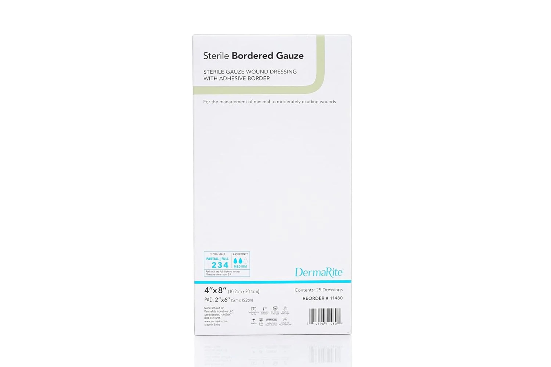 DermaRite Bordered Gauze Adhesive Dressing, 4 X 8 Inch, White, Gauze, Sterile, 25 Count