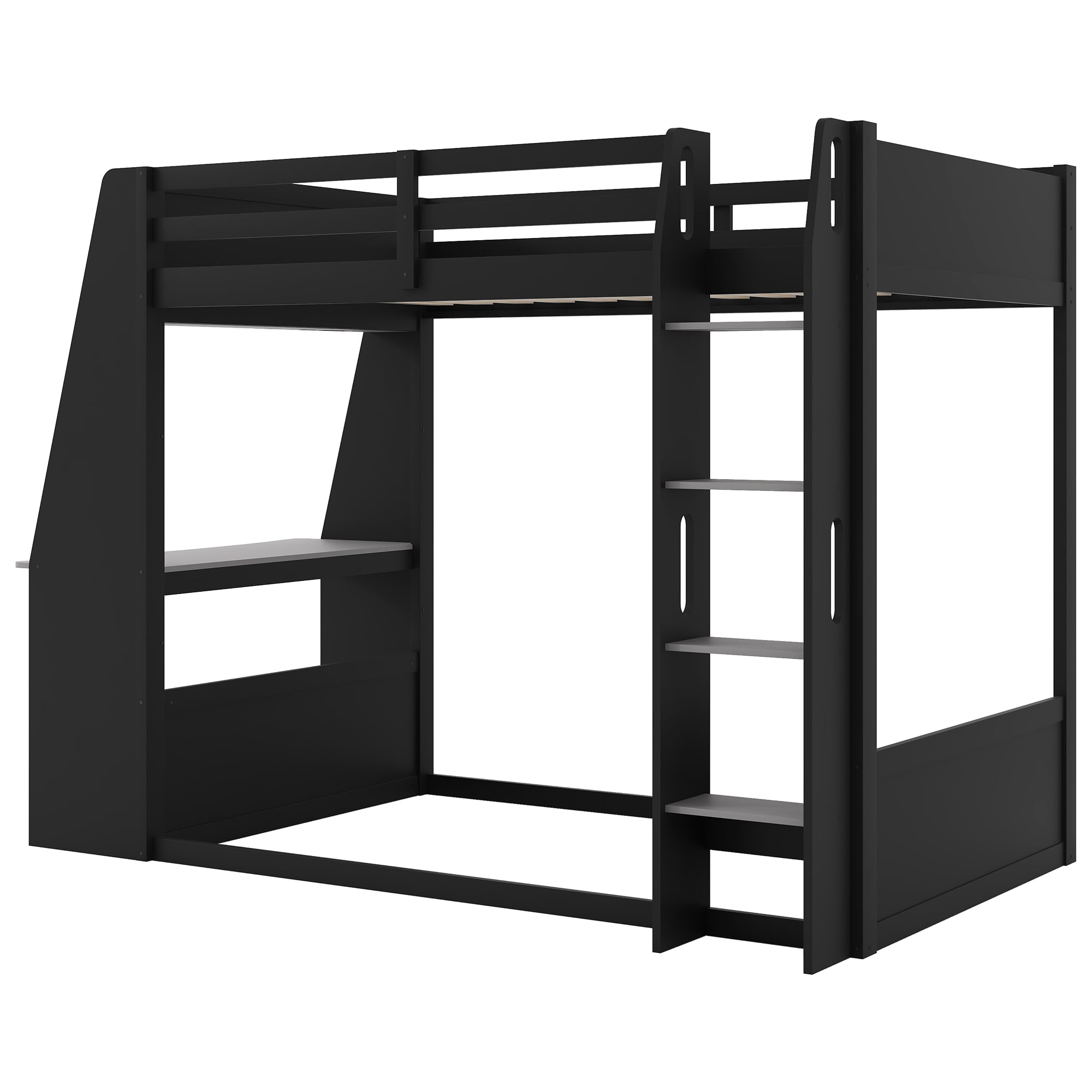 Euroco Wood Twin Size Bunk Bed with Desk and Shelves, Gaming Bed with LED Light and USB Charging, Grey