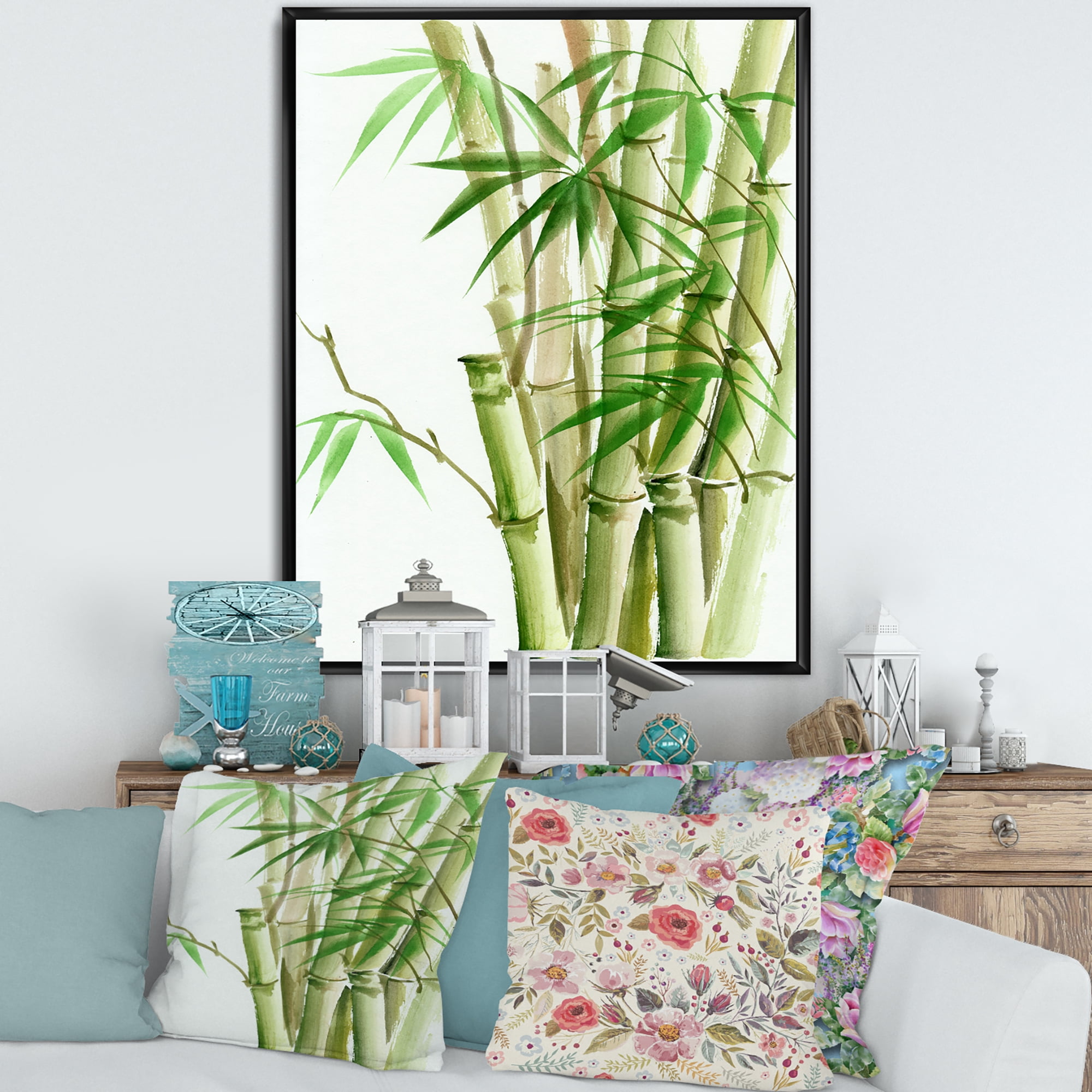 Designart 'Detail of Dark Green Bamboo and Leaves II' Traditional Framed Canvas Wall Art Print