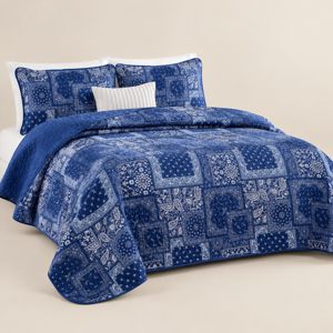 King Quilt Set 3 Pieces Blue Patchwork