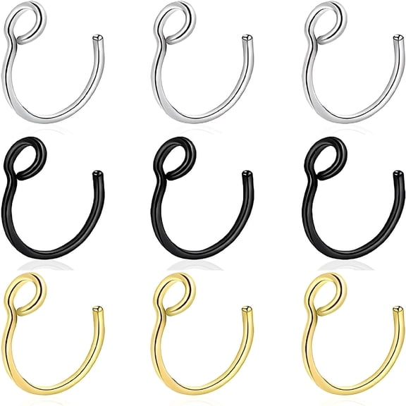 DESIGNICE 9PCS 316L Stainless Steel Fake Nose Ring Hoop Clip on Non Piercing Lip Rings 20G 8mm for Women Men