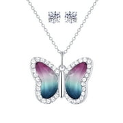 Believe By Brilliance Bi-Colored Crystal, Fine Silver Plated Brass, Butterfly Pendant & Ear Set