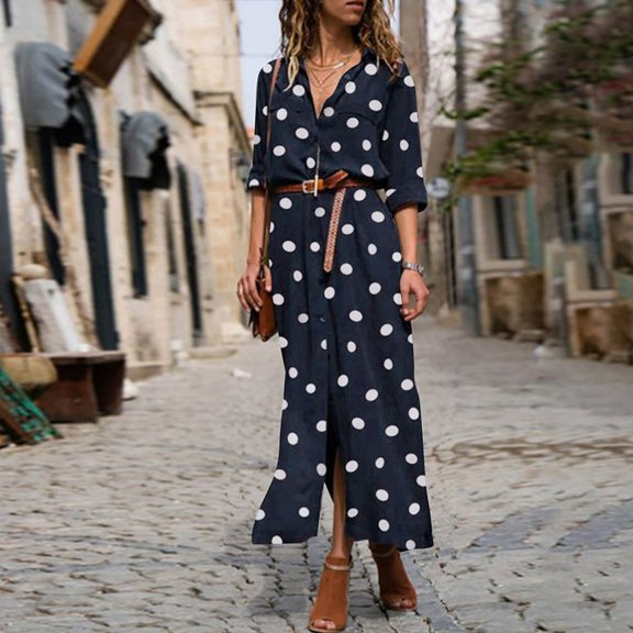 Women's Casual Tennis Dress Summer Polka Dot Dress with Button Slit and Flowy Shirt Blue S