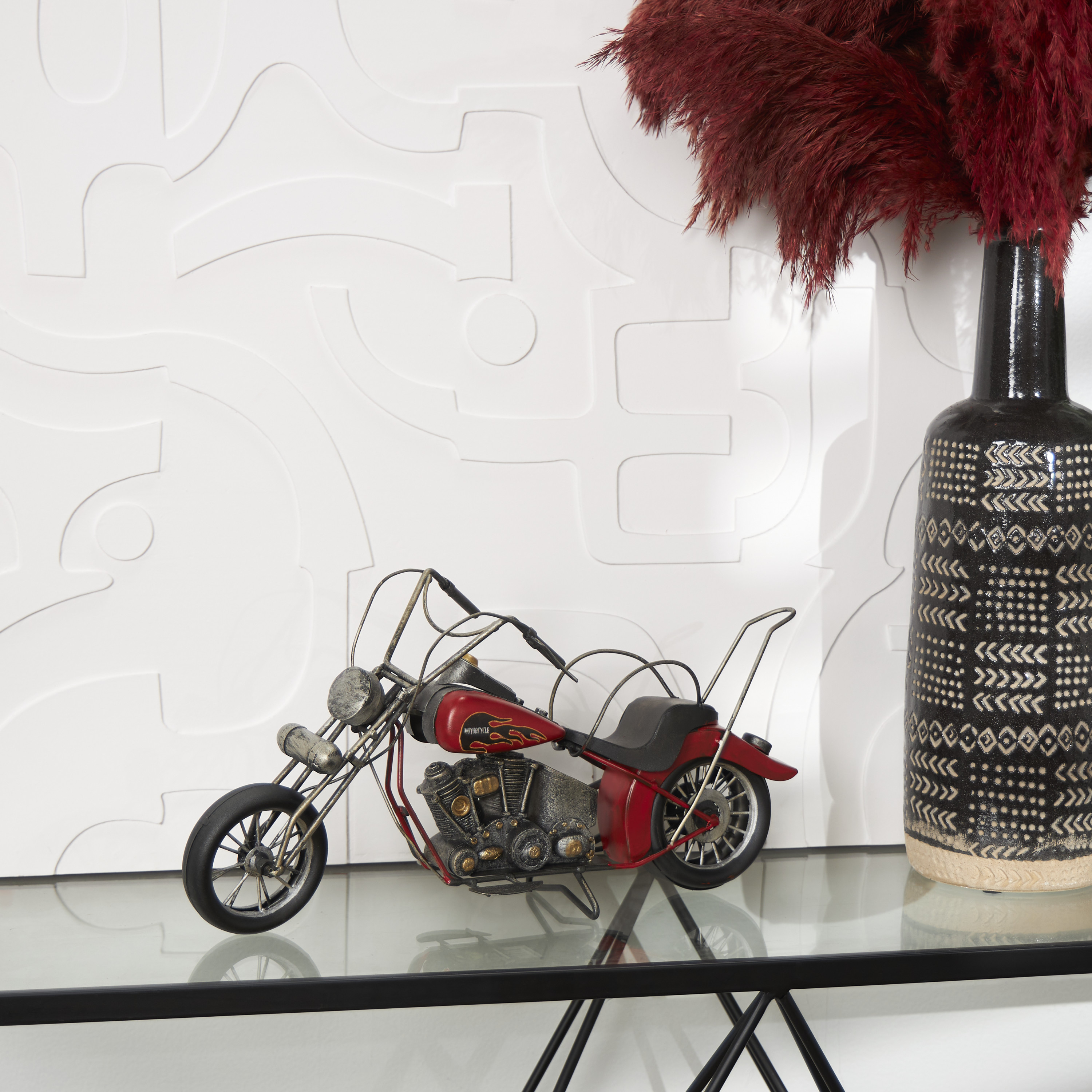 18" x 9" Red Metal Handmade Vintage Style Motorcycle Sculpture with Flames on the Gas Tank, by DecMode