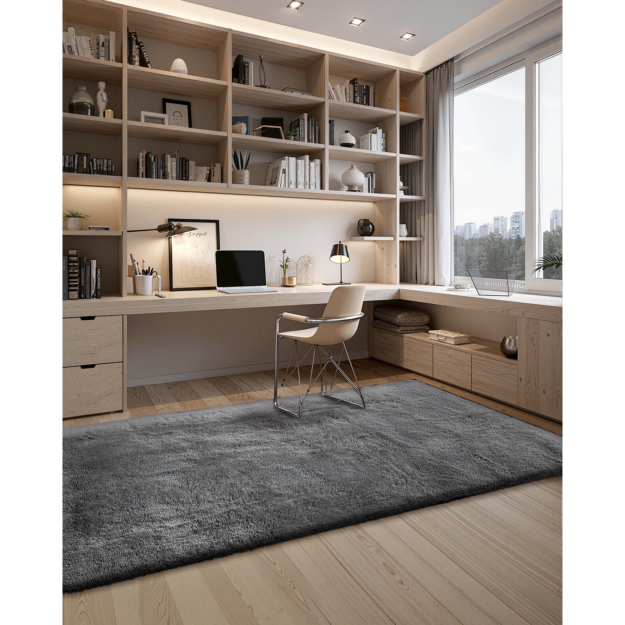 KFFKFF Indoor Plush Area Rugs, 5 x 8 ft Soft Shag Carpet, Furry Area Rugs for Living Room, Bedroom, Sunroom, Modern Home Decoration, Non-Shedding, Non-Woven, Anti-Slip, Dark Gray