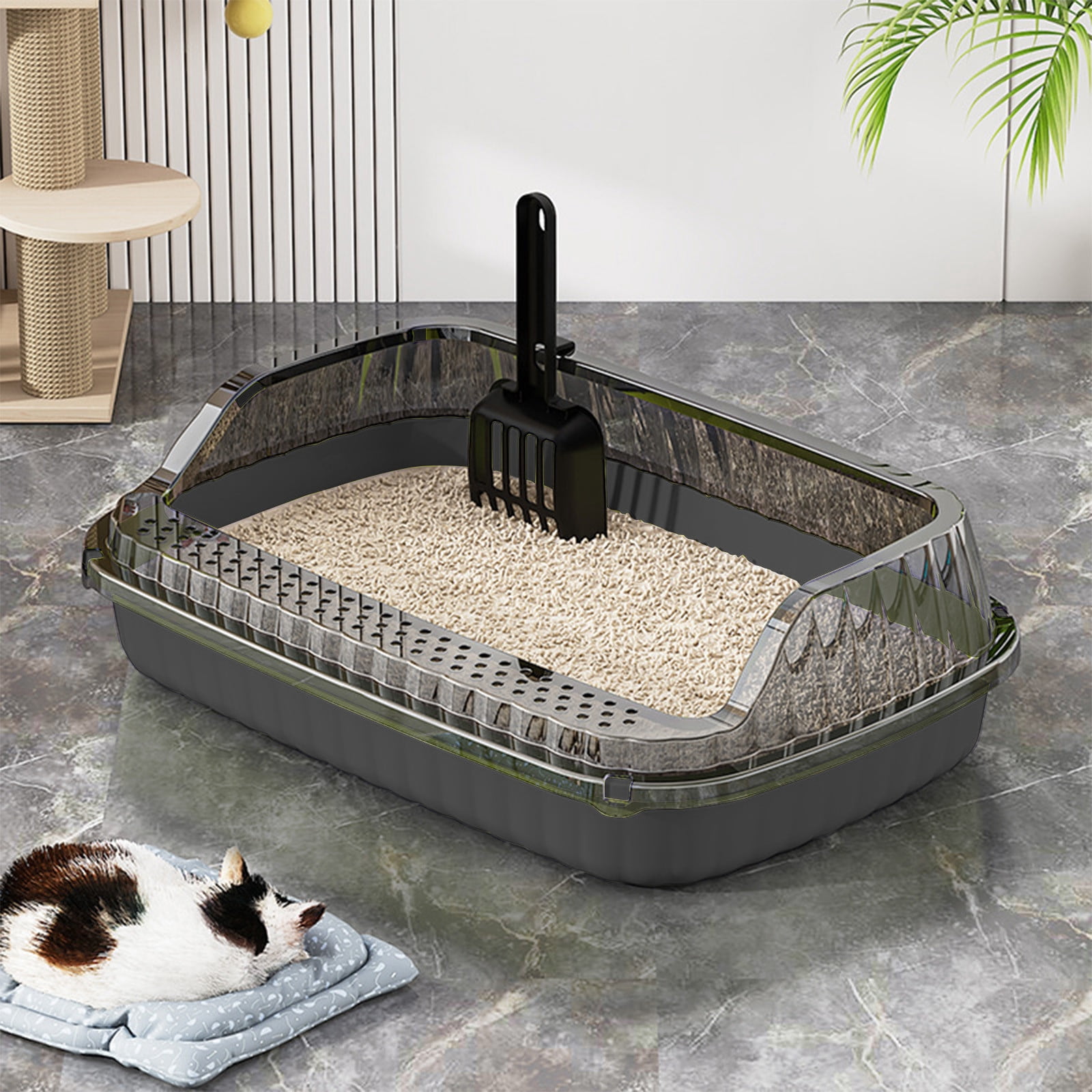 Semi Enclosed High Sided Cat Litter Box with Scoop, Splash Proof Plastic Litter Pan for Indoor Cats