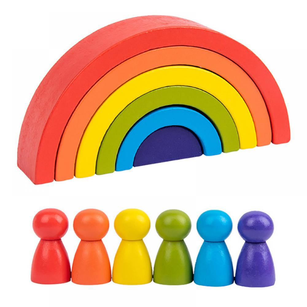 Wooden Rainbow Stacking Game Learning Toy Geometry Building Blocks 