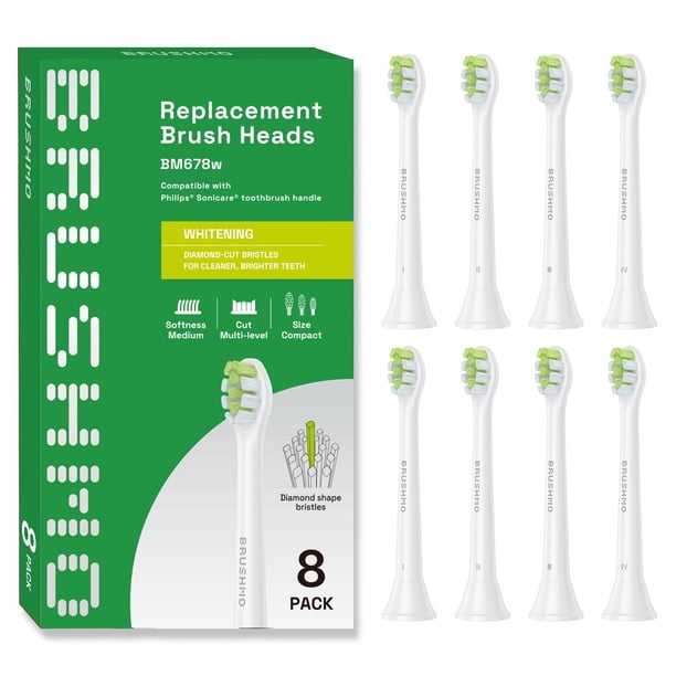 Brushmo Cabezales de Repuesto Compactos Blanqueadores Compatibles con Mangos Philips Sonicare Click-on, Cerdas DuPont de Firmeza Media con Forma de Diamante, BM678W, Paquete de 8, Color Blanco.