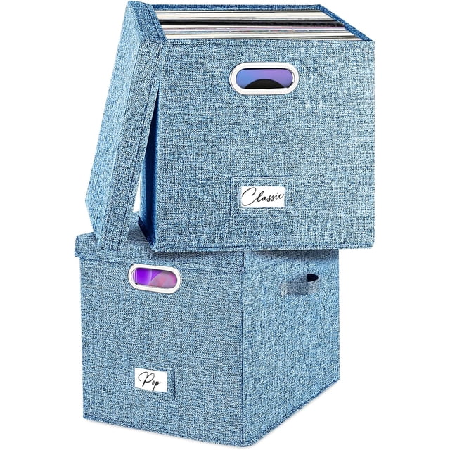 Vinyl Record Storage Box for + Single LPs Stackable Albums Linen Crate with Lid Collapsible Long Play Music Collection Holder Document File Folder Cabinet Organizer with Handle