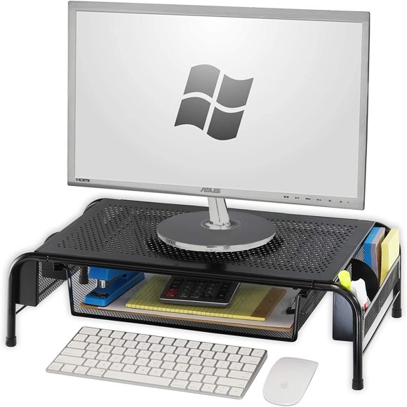 Simple Houseware Metal Desk Monitor Stand Riser with Organizer Drawer, Black