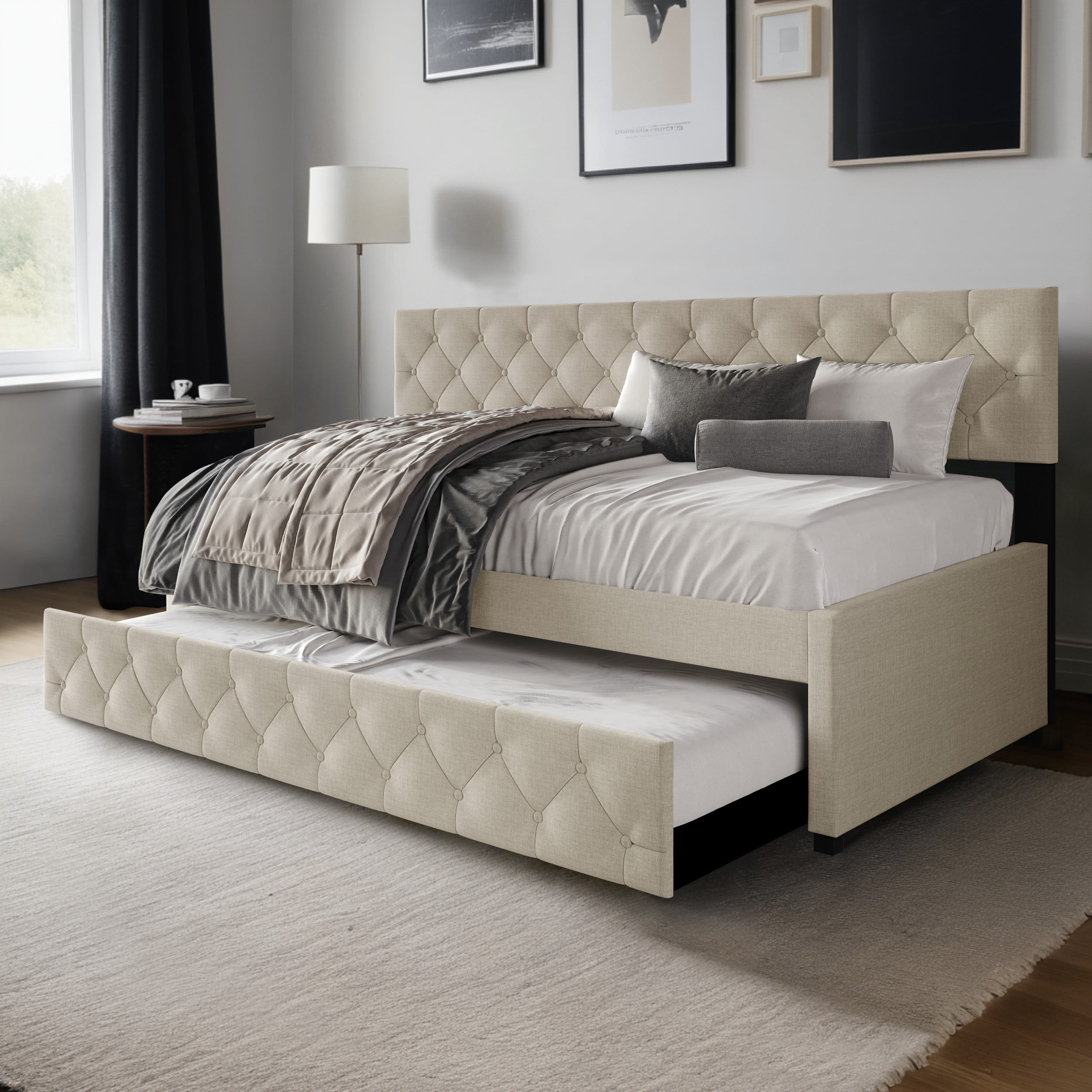 Home Design Tyler Twin Daybed with Trundle, Linen Upholstery, Button-Tufted Design, Foam Padding, Pull-Out Trundle, Stylish Seating and Sleeping Solution, Warm Gray