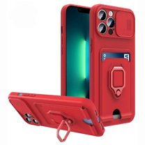 Nalacover Heavy Duty Case for iPhone 14 Pro, Camera Lens Sliding Soft Silicone Shockproof Protective Cover with Card Holder Kickstand Rotated Ring Magnetic Car Mount Soft Lining Case,Red