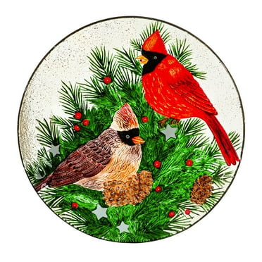 18" Hand Painted Embossed Glass Bird Bath, Cardinals and Winter Spruce