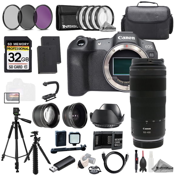 Canon EOS R8 Camera   RF 100-400mm f/5.6-8 IS USM Lens  32GB Ext Bat 9 PC Filtr-MEGA Kit (International Version)