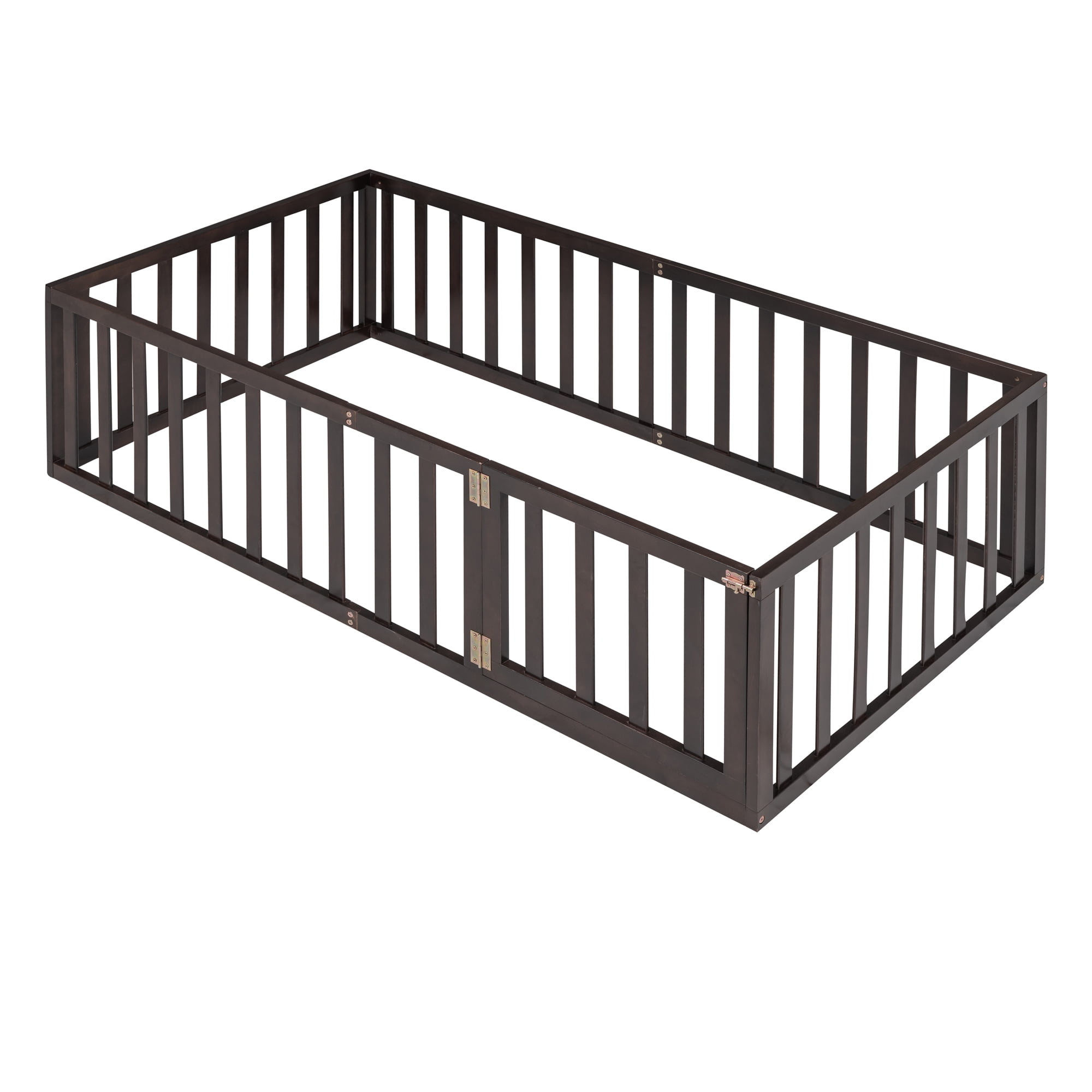 Mintazer Twin Floor Bed with Guardrails & Hinged Gate Door, Montessori Toddler Floor Bed Frame for Kids, Walnut